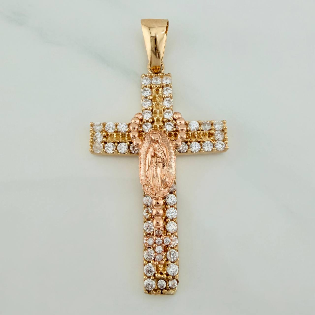 Dije Cruz Rosario Virgen Guadalupe 5.9gr / 1 3/4 in / Dos Oros Amarillo Rosa 18K $