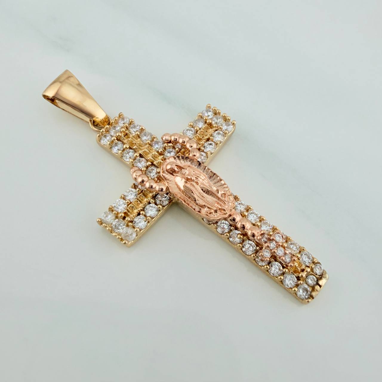 Dije Cruz Rosario Virgen Guadalupe 6.1gr / 1 3/4 in / Dos Oros Amarillo Rosa 18K $