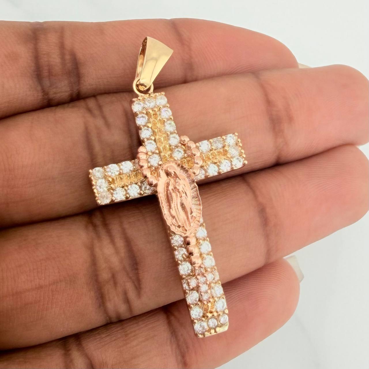 Dije Cruz Rosario Virgen Guadalupe 5.8gr / 1 3/4 in / Dos Oros Amarillo Rosa 18K %
