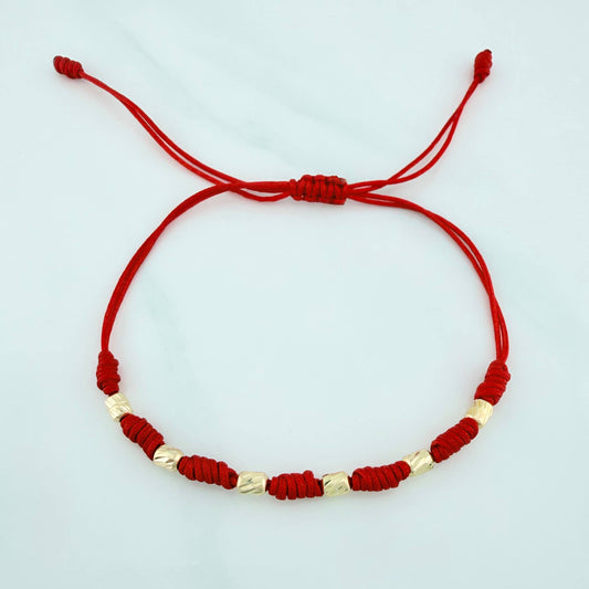 Pulsera Tejida Roja 7 Nudos 6 Cilindros Diamantados Oro Amarillo 18K