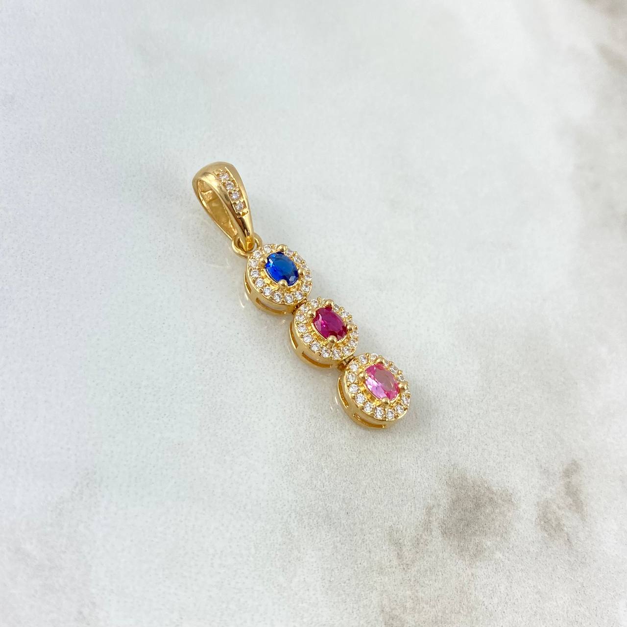 Pendant Thick Trio Line 3.05gr / 3.5cm / White Blue Red Pink Zircons Yellow Gold ©