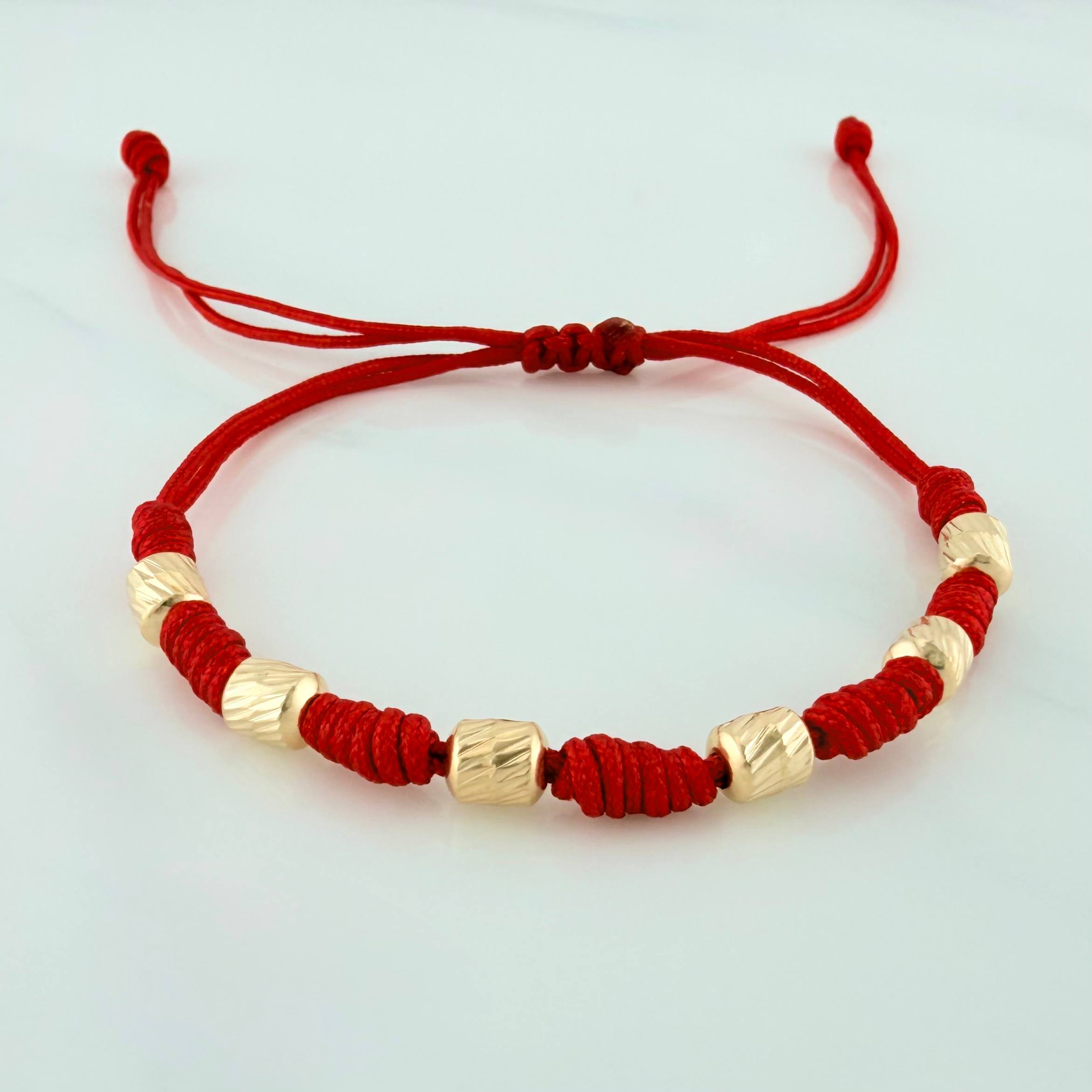 Pulsera Tejida Roja 7 Nudos 6 Cilindros Diamantado Oro Amarillo 18K