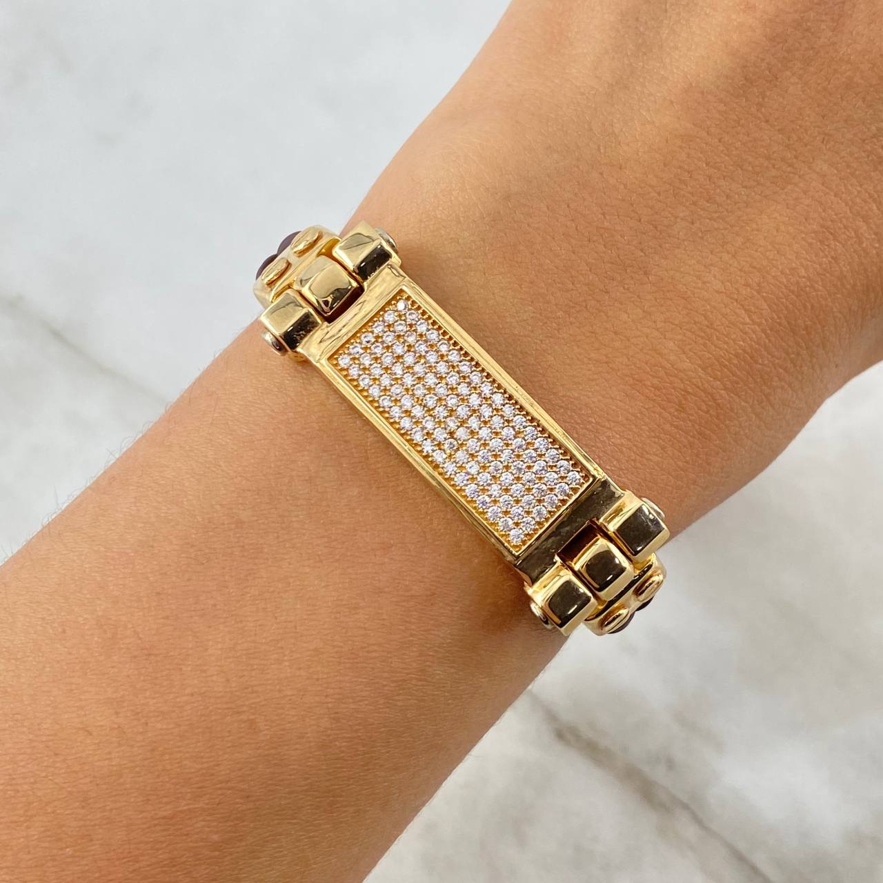 Bracelet Strap Rectangular Plate 29.5gr / 21.5cm / 11.9mm Brown Leather Yellow Gold ©