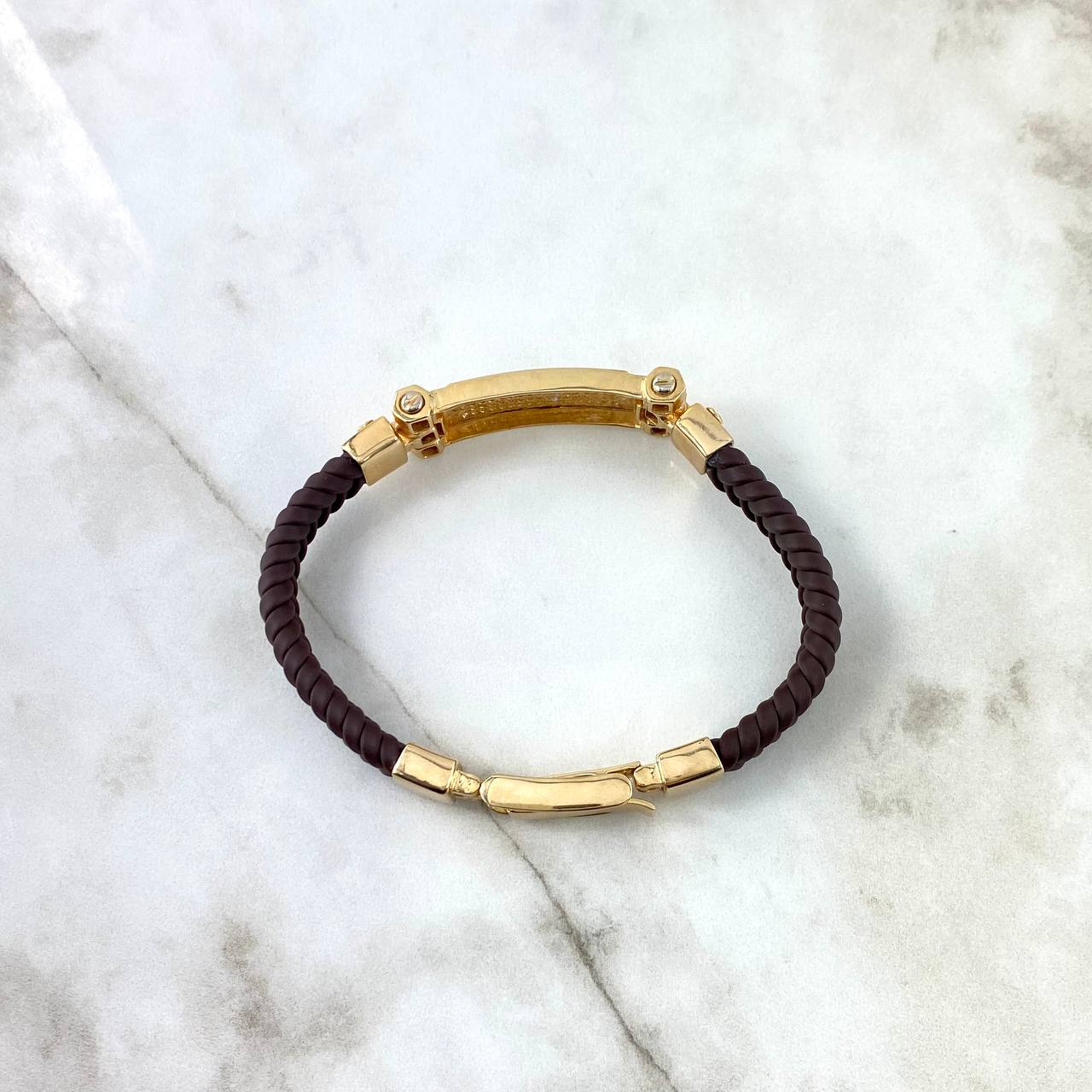 Bracelet Strap Rectangular Plate 29.5gr / 21.5cm / 11.9mm Brown Leather Yellow Gold ©