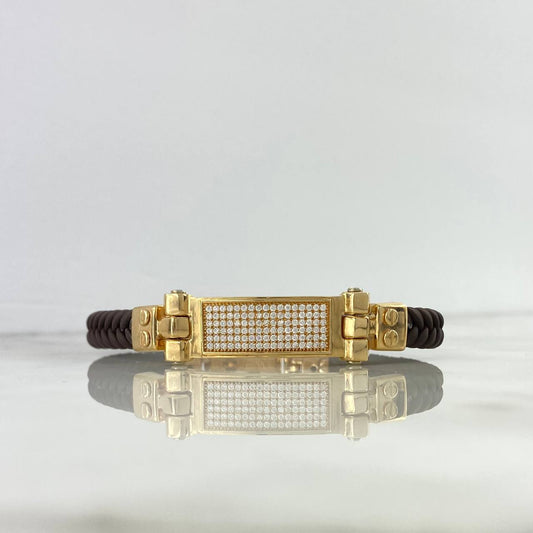 Bracelet Strap Rectangular Plate 29.5gr / 21.5cm / 11.9mm Brown Leather Yellow Gold ©