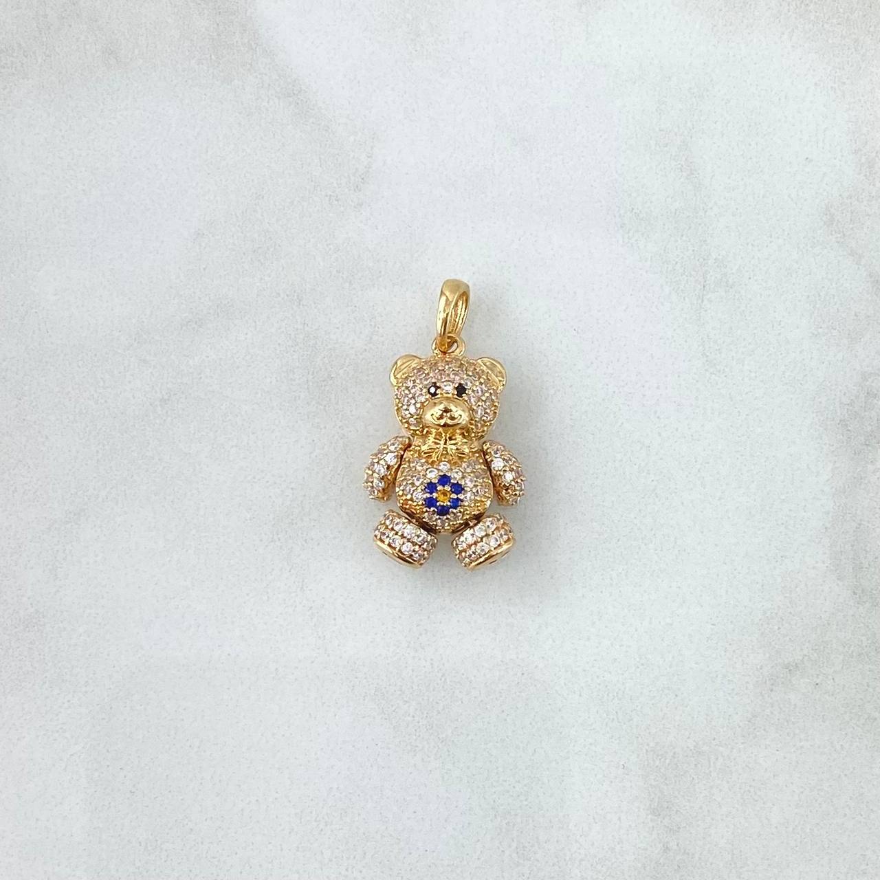 Dije Oso Articulado Corazón 4.25gr / 2.5cm / Circones Blancos-Azul-Ojos Negros Oro Amarillo 18K ©