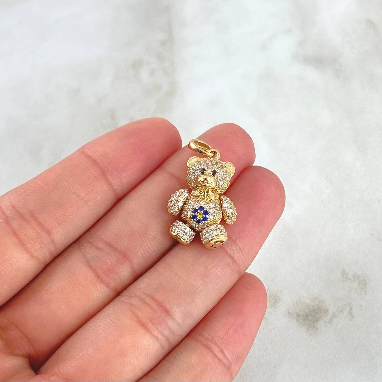 Dije Oso Articulado Corazón 4.25gr / 2.5cm / Circones Blancos-Azul-Ojos Negros Oro Amarillo 18K ©