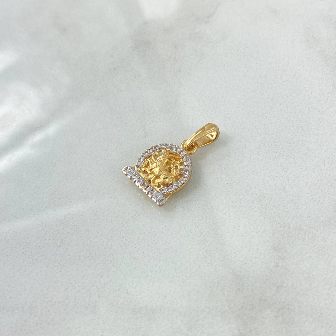 Dije Signo Capricornio 1.8gr / 2.5cm / Circones Blancos Oro Amarillo 18K ©