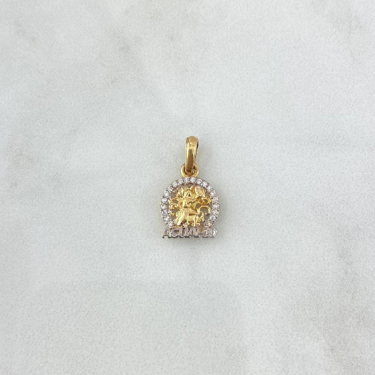 Dije Signo Acuario 1.5gr / 2cm / Circones Blancos Oro Amarillo 18K ©