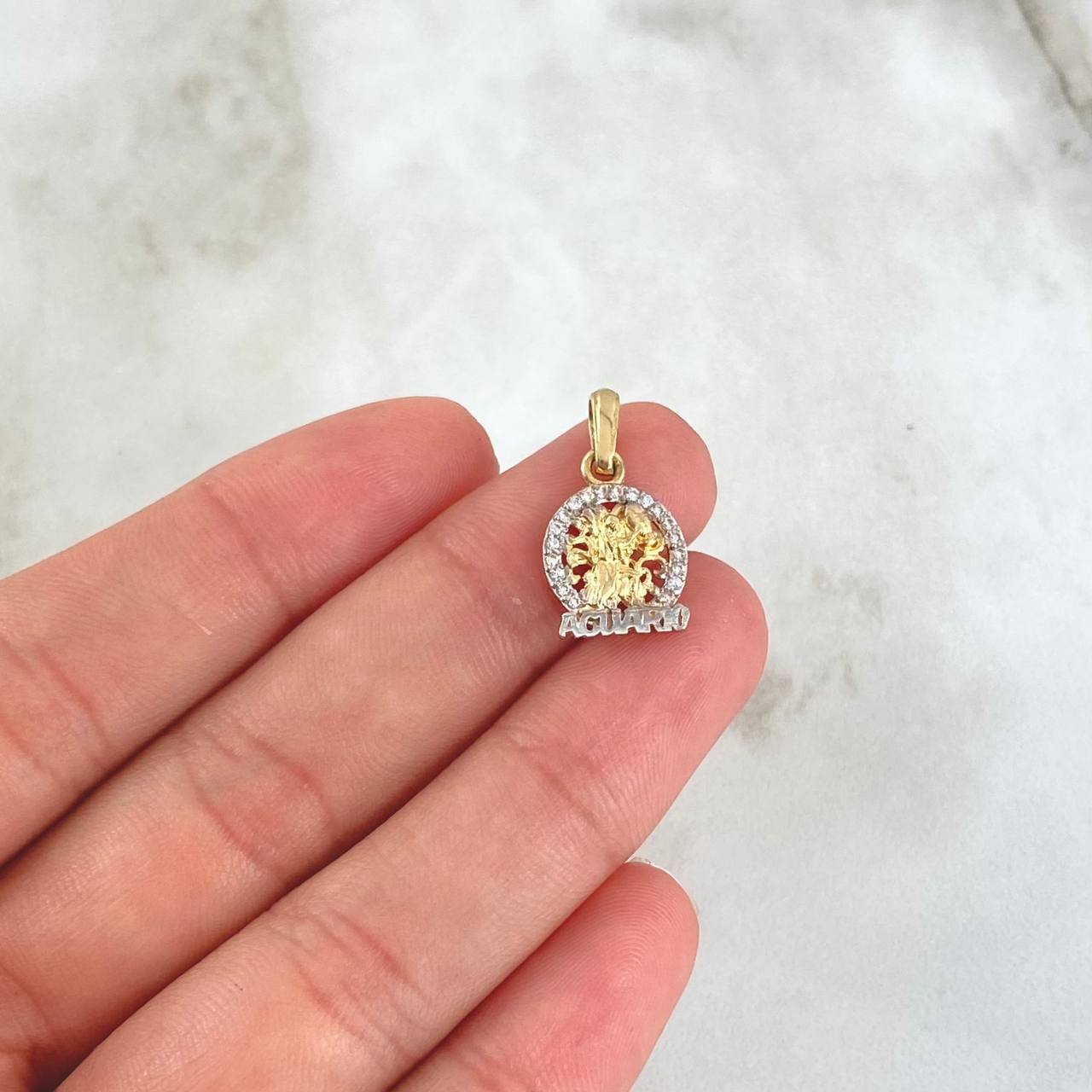 Dije Signo Acuario 1.5gr / 2cm / Circones Blancos Oro Amarillo 18K ©