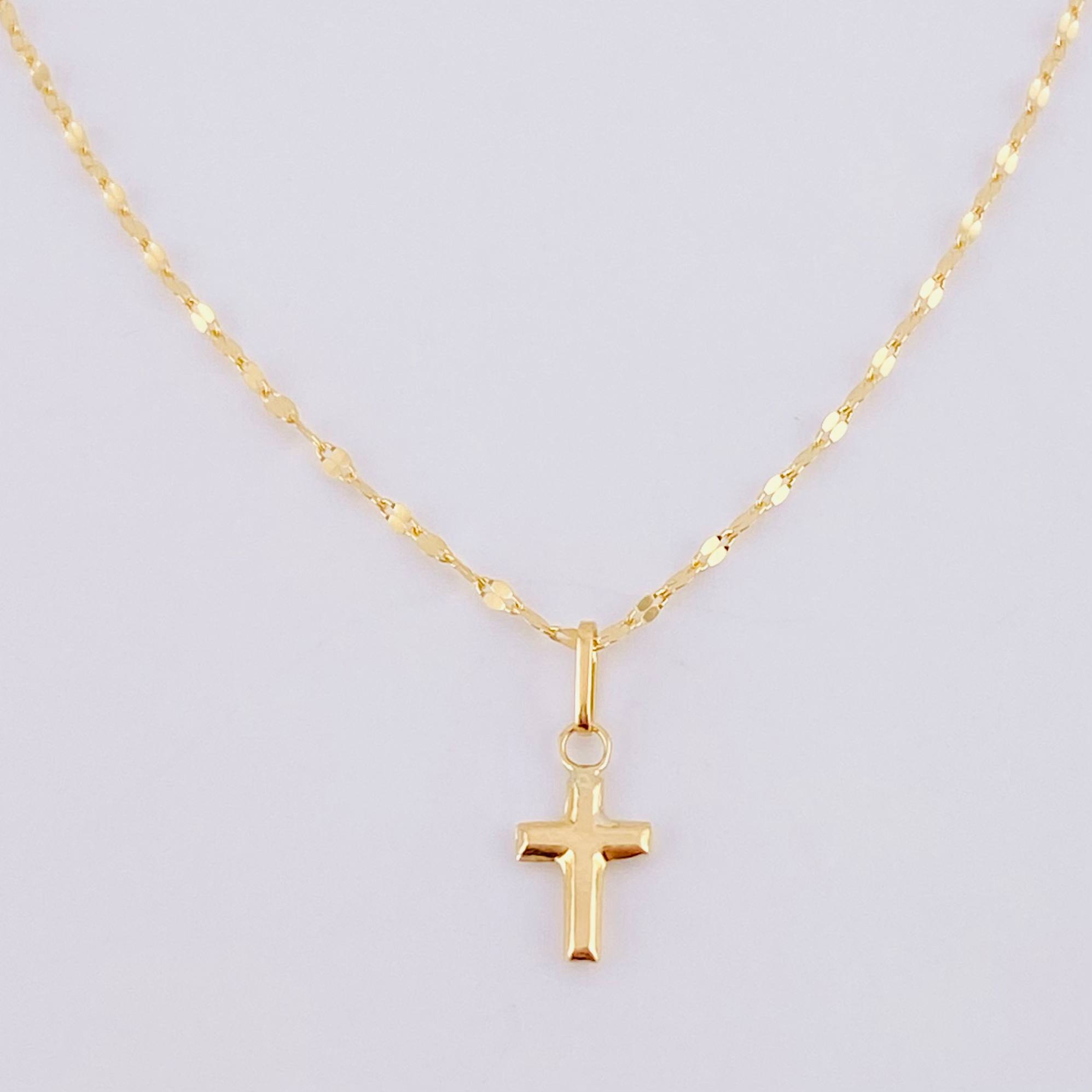 Set Cadena Flor Espejo + Dije Cruz / 1.1g / 18 in Oro Amarillo 18K