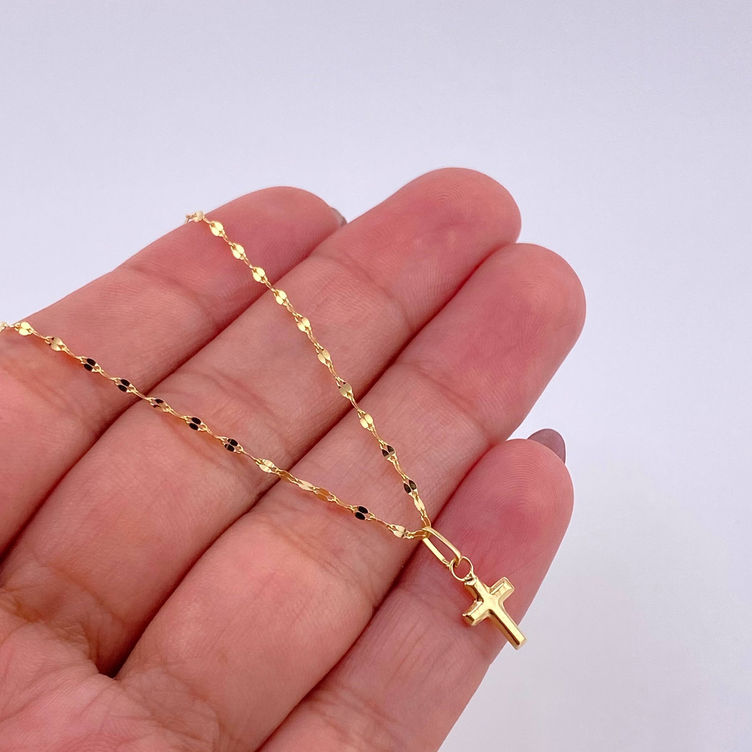 Mirror Flower Chain Set + Cross Pendant / 1.1g / 18 in Yellow Gold 18K
