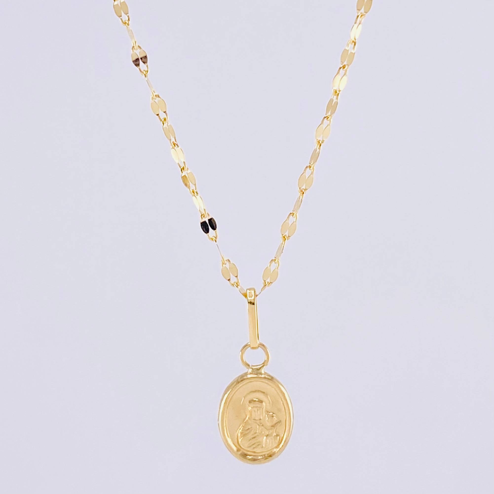 Set Cadena Flor Espejo + Dije Virgen del Carmen / 1.2g / 18 in Oro Amarillo 18K