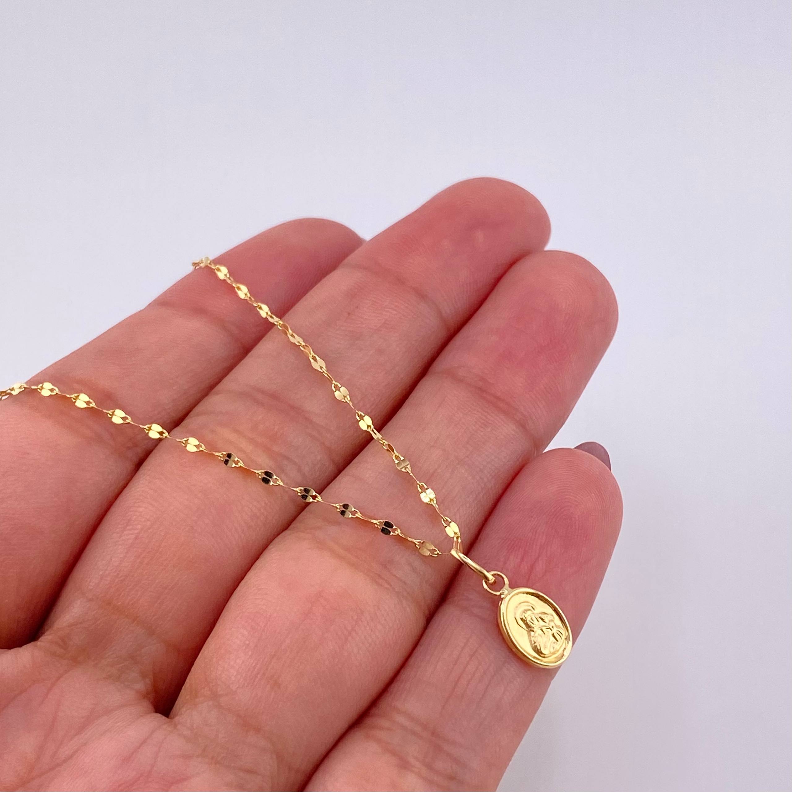 Set Cadena Flor Espejo + Dije Virgen del Carmen / 1.2g / 18 in Oro Amarillo 18K