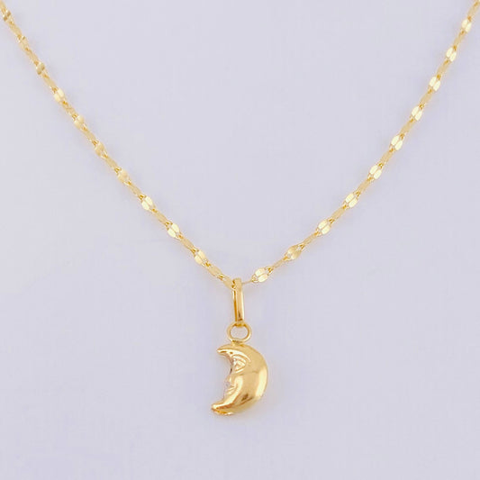 Set Cadena Flor Espejo + Dije Media Luna / 1.1g / 18 in Oro Amarillo 18K
