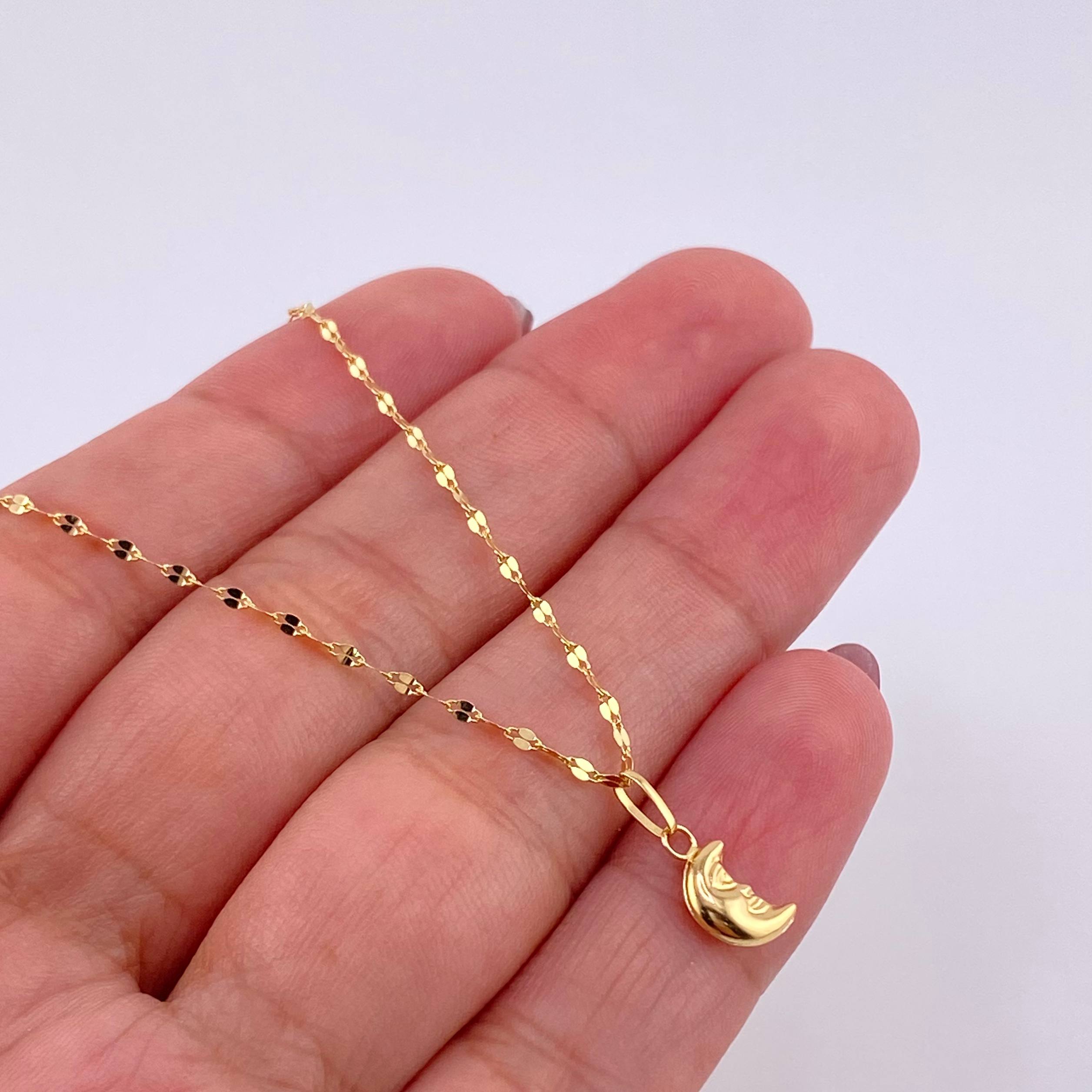 Set Cadena Flor Espejo + Dije Media Luna / 1.1g / 18 in Oro Amarillo 18K