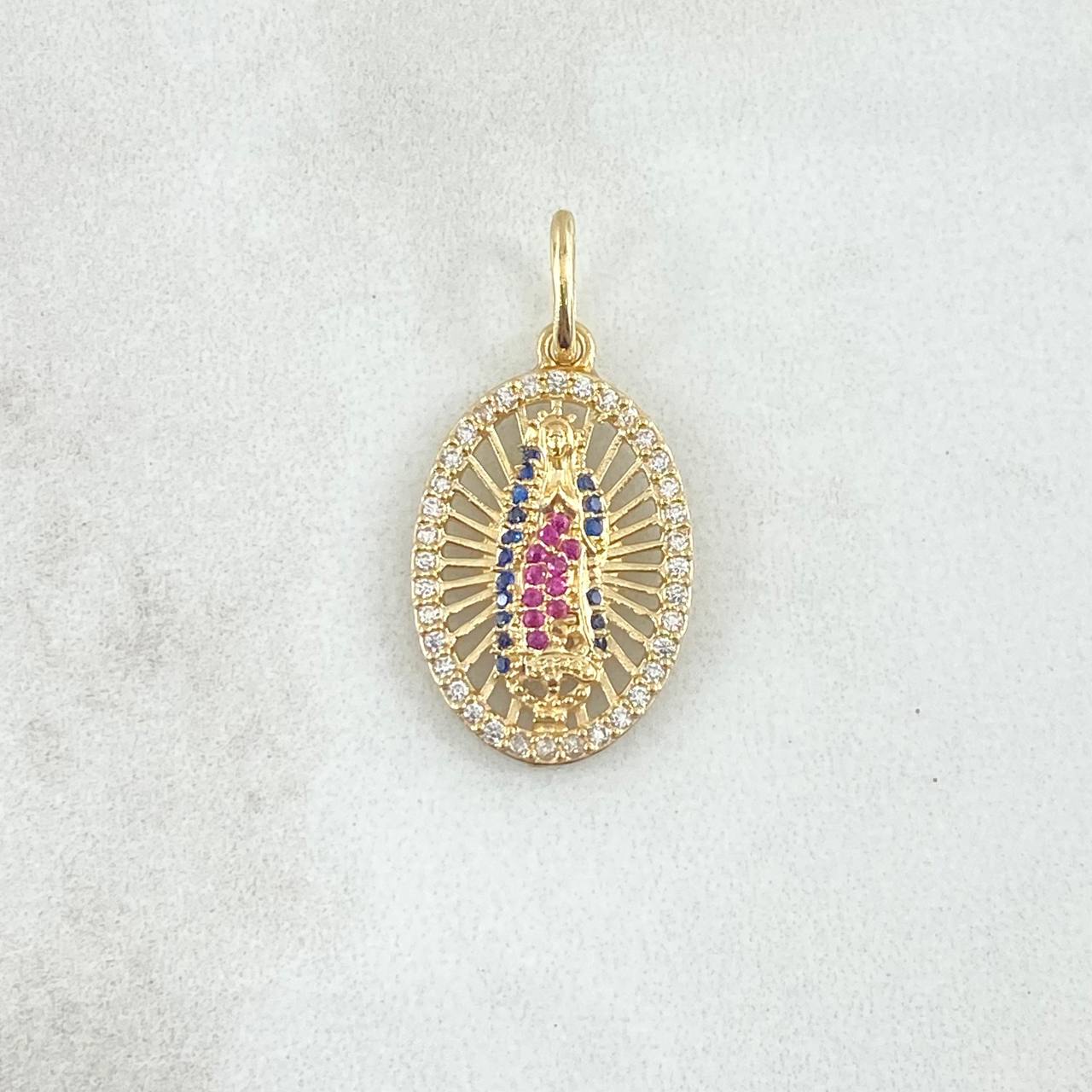 Dije Virgen Guadalupe Ovalo Filigrana 2.3gr / 2.6cm / Circones Blancos Azules Fucsias Oro Amarillo 18K ©