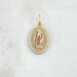 Dije Virgen Guadalupe Ovalo Filigrana 2.3gr / 2.6cm / Circones Blancos Azules Fucsias Oro Amarillo 18K ©
