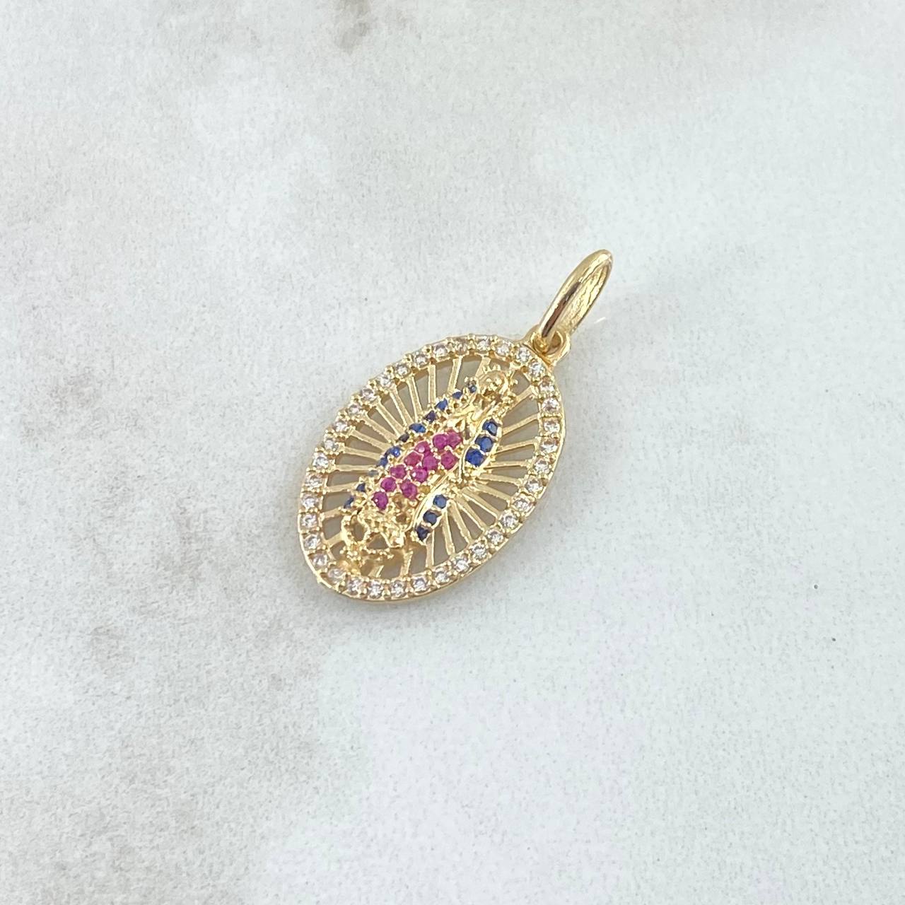 Dije Virgen Guadalupe Ovalo Filigrana 2.3gr / 2.6cm / Circones Blancos Azules Fucsias Oro Amarillo 18K ©