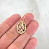 Dije Virgen Guadalupe Ovalo Filigrana 2.3gr / 2.6cm / Circones Blancos Azules Fucsias Oro Amarillo 18K ©