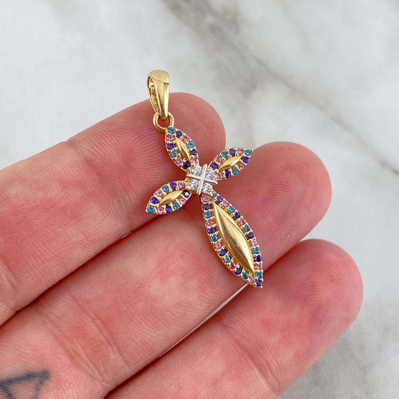 Pendant Florenced Cross 2.85gr / 3.6cm / Colored Zircons Yellow Gold