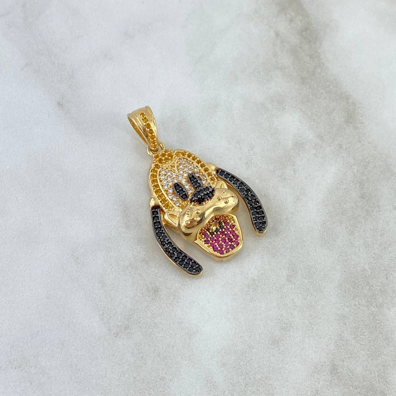 Pendant Dog 8.55gr / 3.7cm / White Yellow Black Fuchsia Zircons Yellow Gold ©