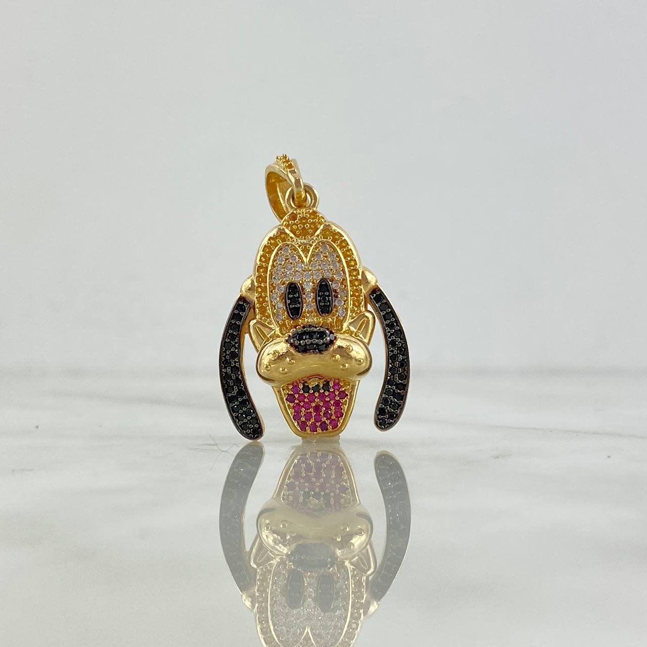 Pendant Dog 8.55gr / 3.7cm / White Yellow Black Fuchsia Zircons Yellow Gold ©