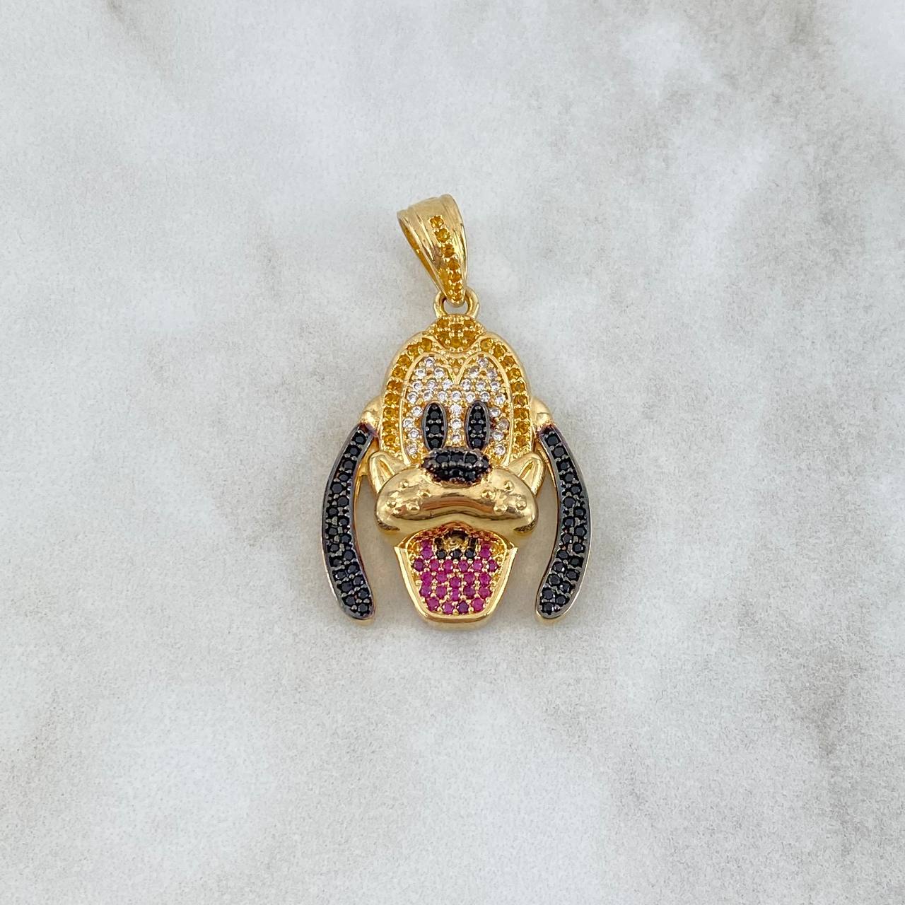 Pendant Dog 8.55gr / 3.7cm / White Yellow Black Fuchsia Zircons Yellow Gold ©