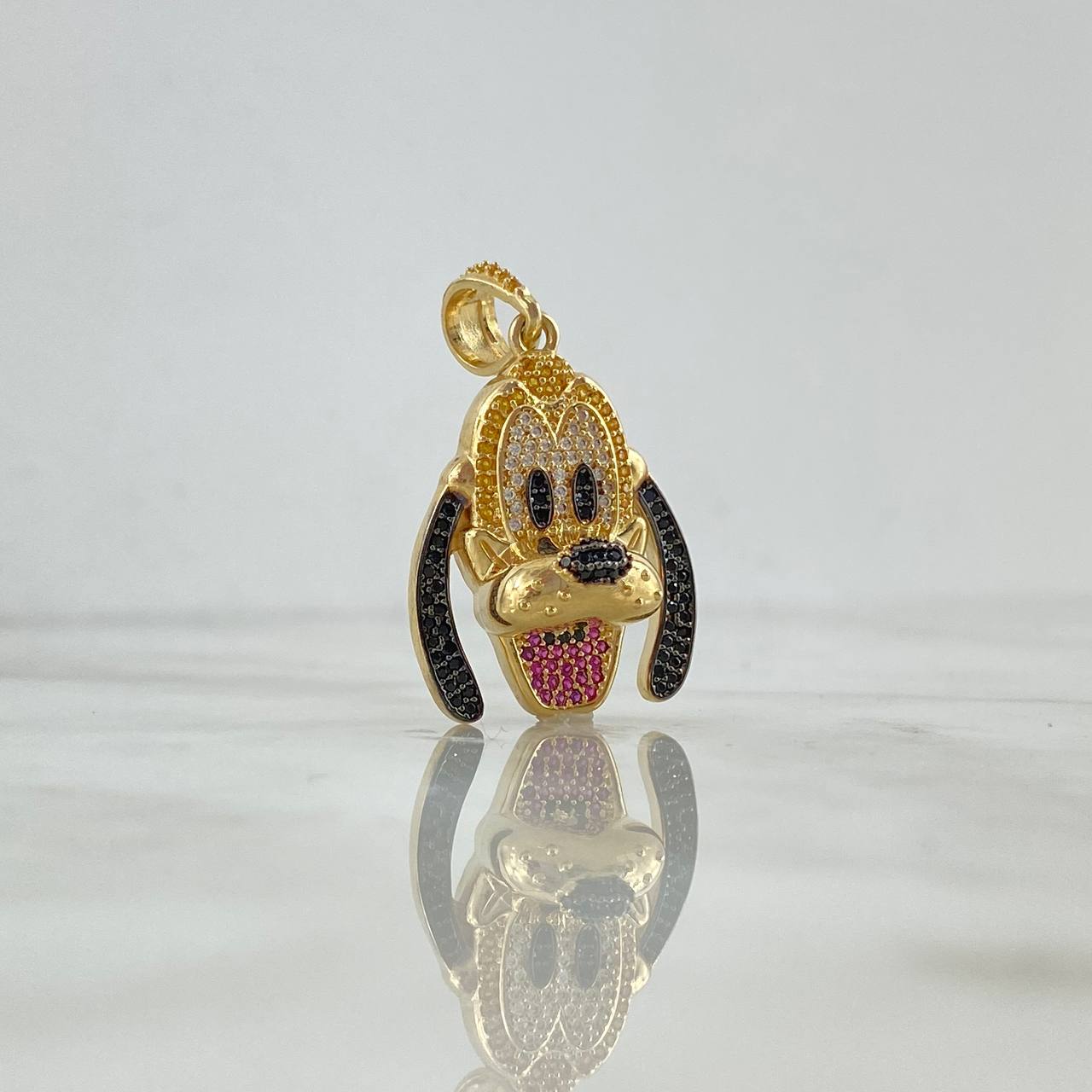 Pendant Dog 8.55gr / 3.7cm / White Yellow Black Fuchsia Zircons Yellow Gold ©