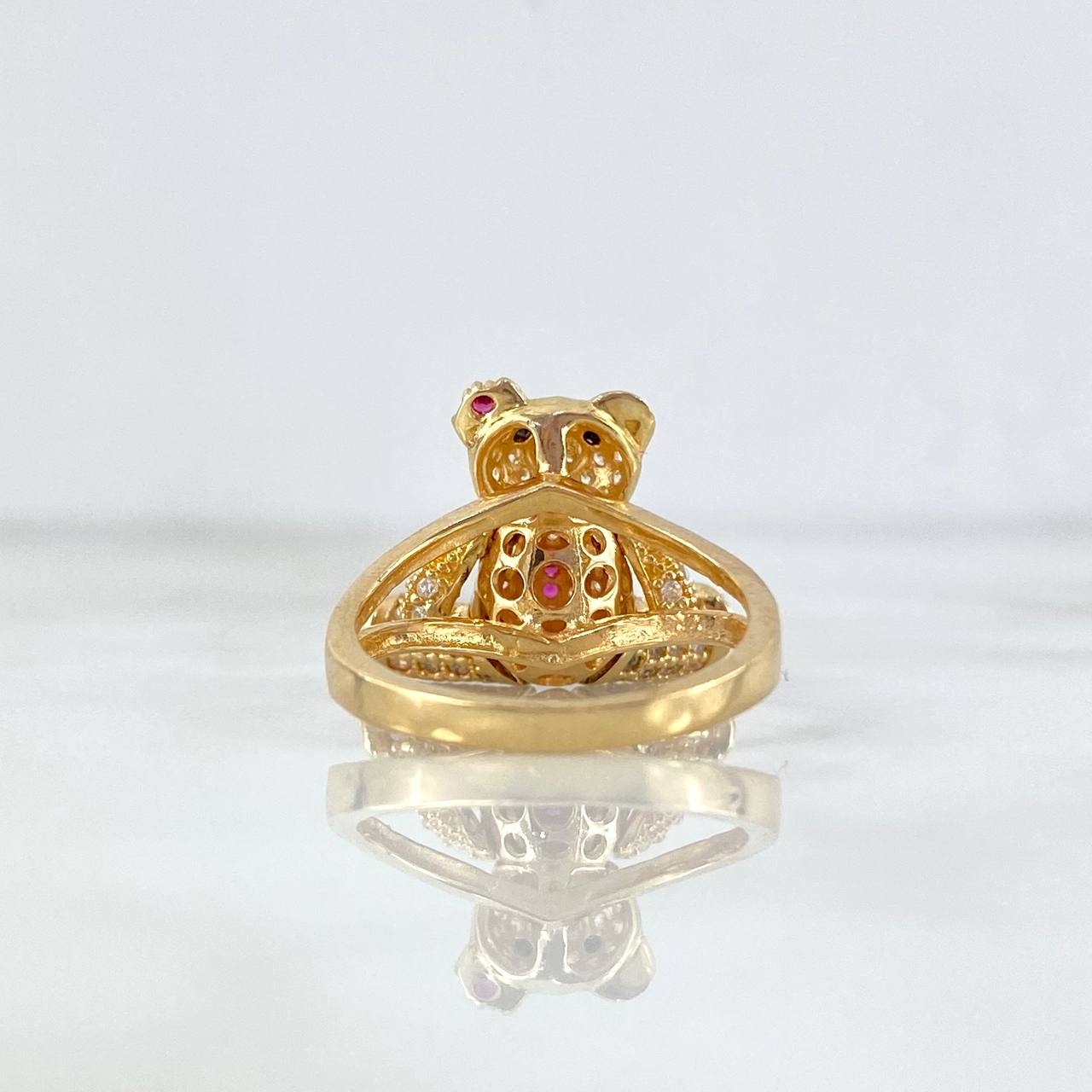 Articulated Bear Ring Heart 6.3gr / Size 5 1/2 / White and Fuchsia Zircons Black Eyes Yellow Gold ©