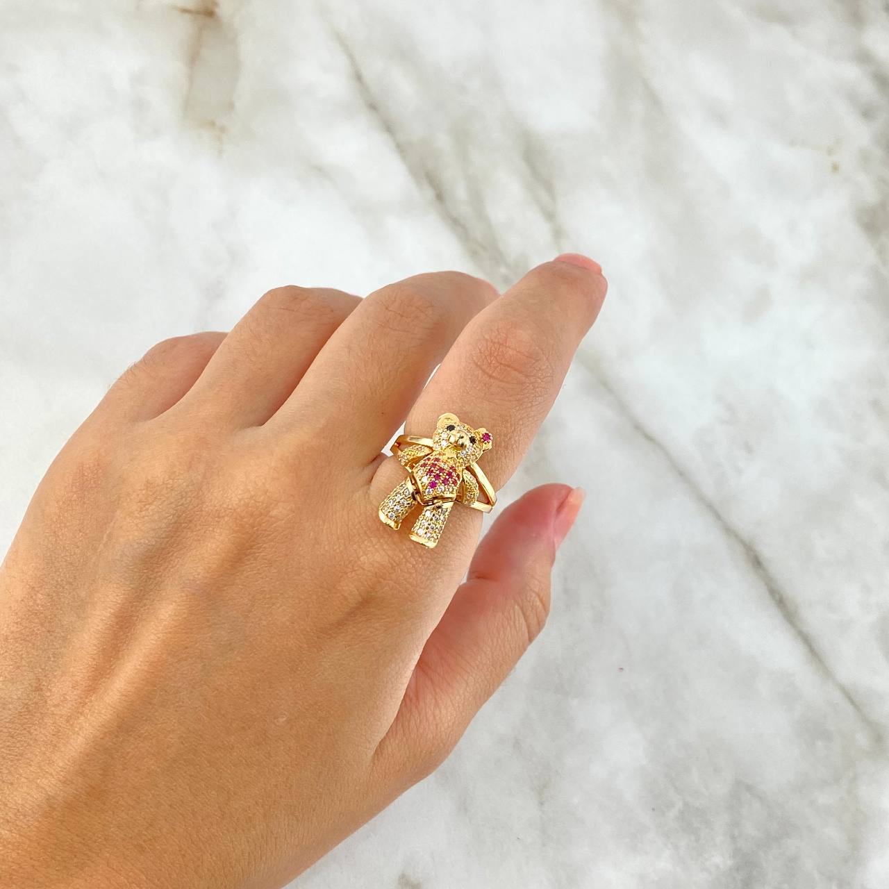 Articulated Bear Ring Heart 6.3gr / Size 5 1/2 / White and Fuchsia Zircons Black Eyes Yellow Gold ©
