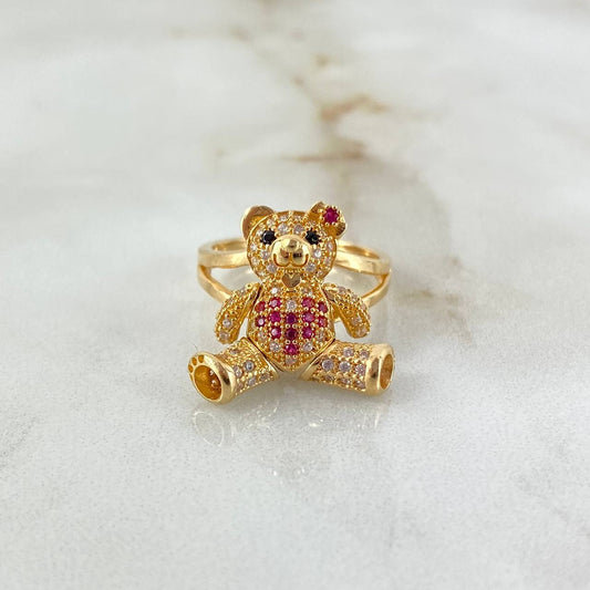 Articulated Bear Ring Heart 6.3gr / Size 5 1/2 / White and Fuchsia Zircons Black Eyes Yellow Gold ©