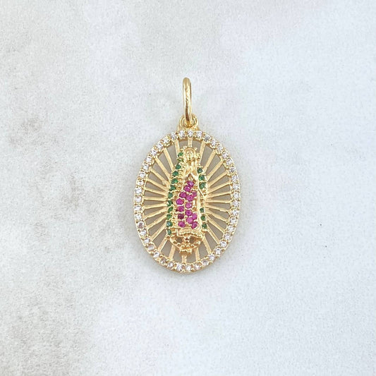 Dije Virgen Guadalupe Ovalo Filigrana 2.4gr / 2.6cm / Circones Blancos Verdes Fucsias Oro Amarillo 18K ©