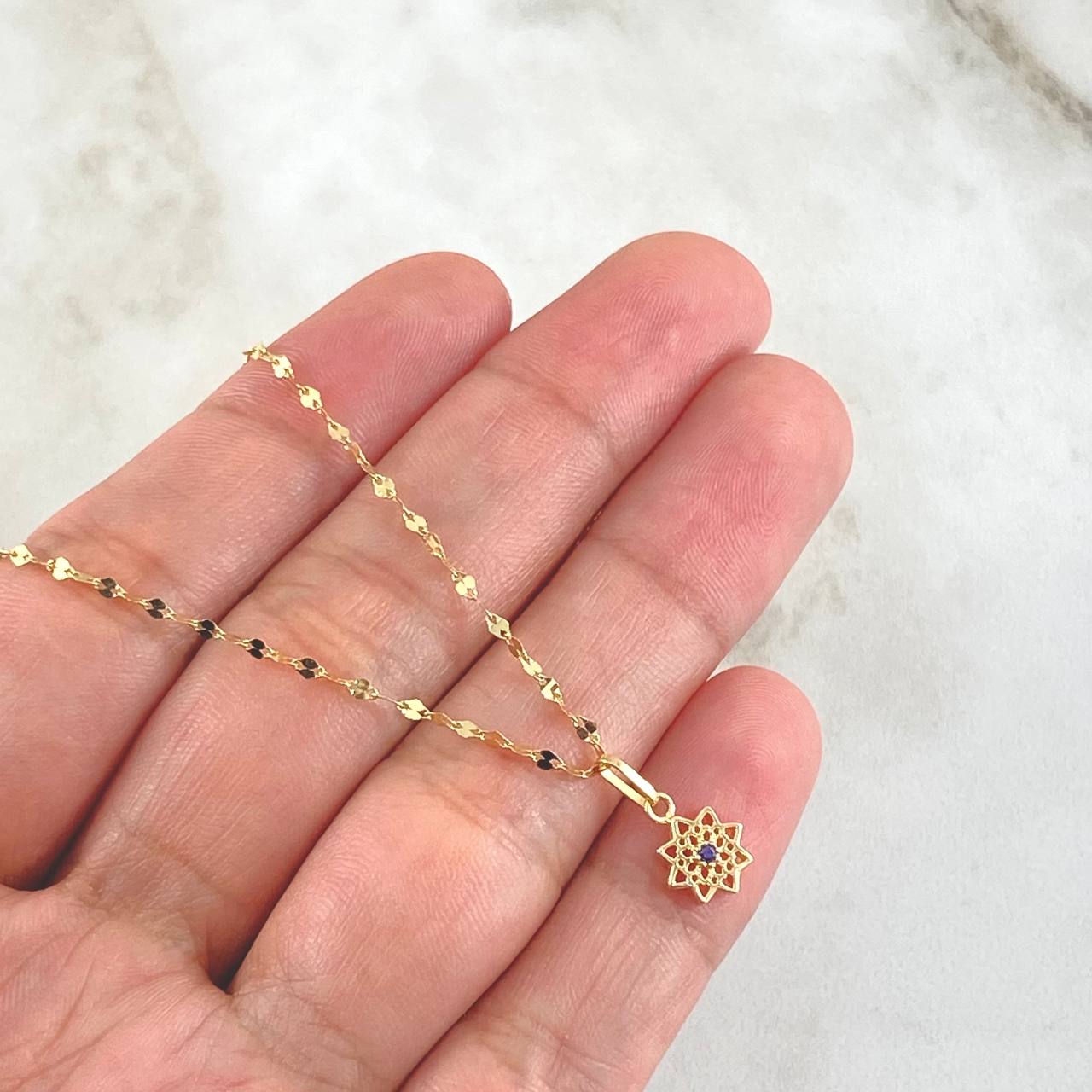Flower Mirror Chain Set 0.95gr / 19.7in + Pendant 0.55gr / 1.5gr / Purple Zircon 18K Gold (Offer) ©