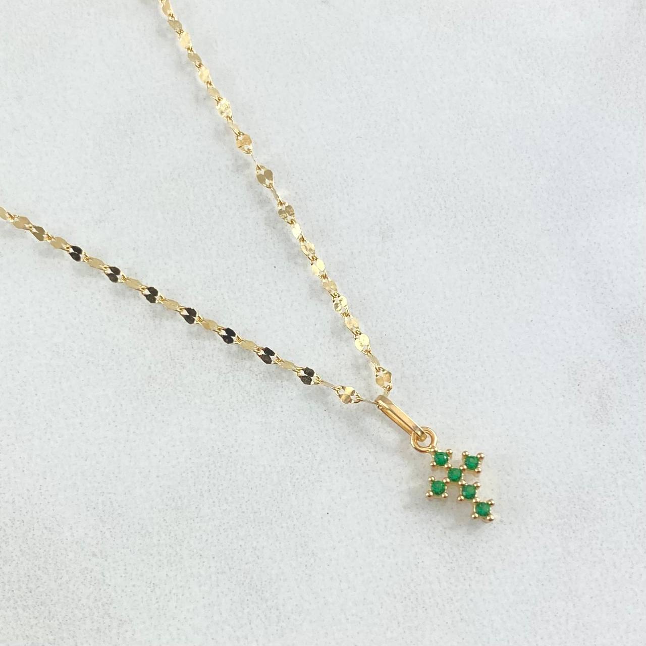 Flower Mirror Chain Set 0.95gr / 19.7in + Pendant Dense Cross 0.4gr / 1.35gr / Green Zircons 18K Gold (Offer)