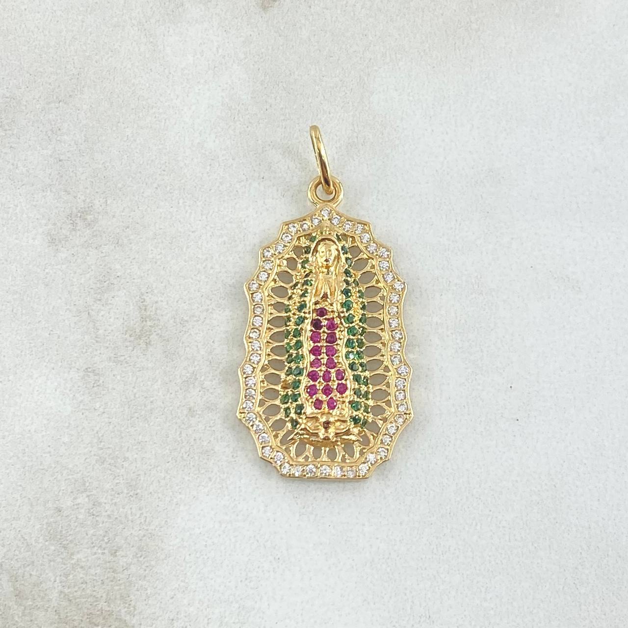 Pendant Virgin Guadalupe Filigree 4.7gr / 4cm / White Zircons Green Fuchsias 18K Yellow Gold ©
