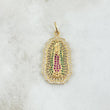 Pendant Virgin Guadalupe Filigree 4.7gr / 4cm / White Zircons Green Fuchsias 18K Yellow Gold ©