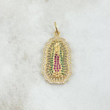 Pendant Virgin Guadalupe Filigree 4.7gr / 4cm / White Zircons Green Fuchsias 18K Yellow Gold ©