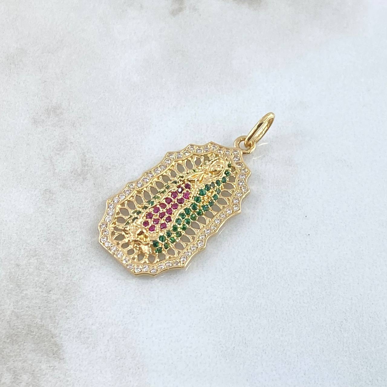 Pendant Virgin Guadalupe Filigree 4.7gr / 4cm / White Zircons Green Fuchsias 18K Yellow Gold ©