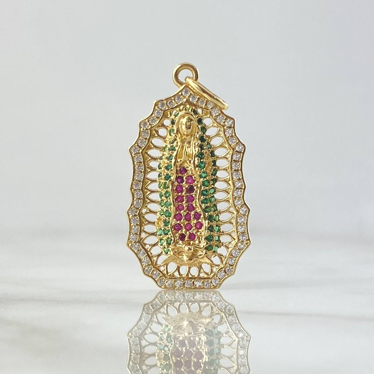 Pendant Virgin Guadalupe Filigree 4.7gr / 4cm / White Zircons Green Fuchsias 18K Yellow Gold ©