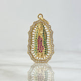 Pendant Virgin Guadalupe Filigree 4.7gr / 4cm / White Zircons Green Fuchsias 18K Yellow Gold ©