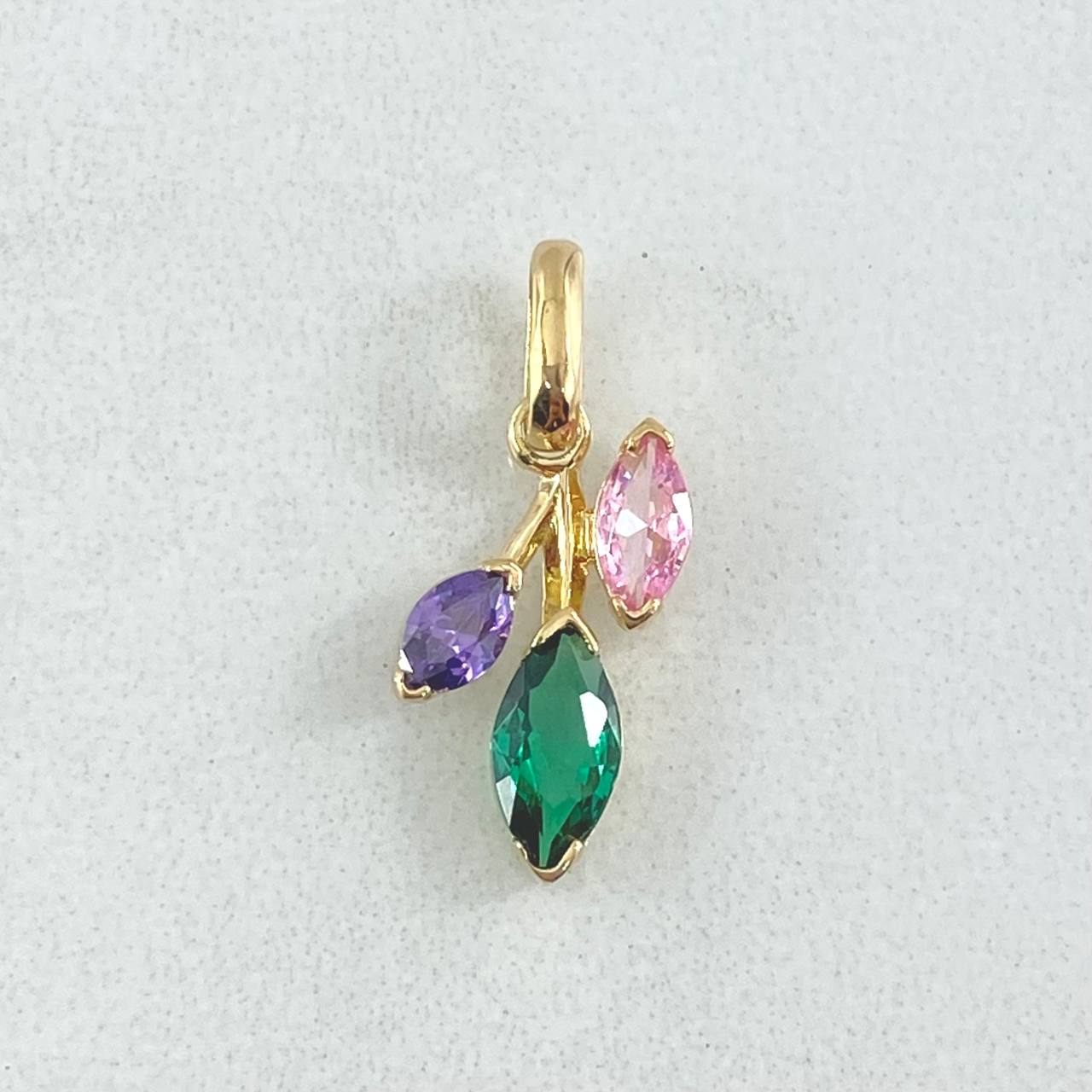 Uneven Laurel Leaf Set - Pendant 2cm - Ring Size 6 1/2 2.8gr Multicolor Zircons Special Mother-of-Pearl 18K Gold