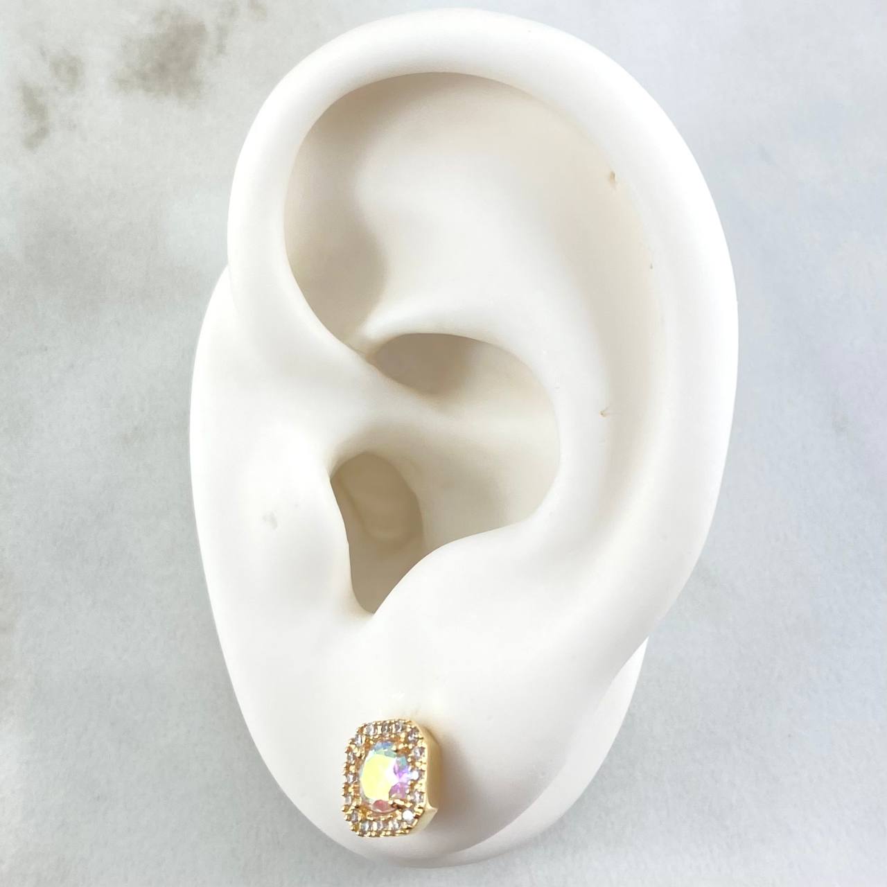 Square Halo Set - Stud Earrings 0.7cm - Ring Size 8 4.3gr Iridescent Zircons Special Mother-of-Pearl 18K Gold