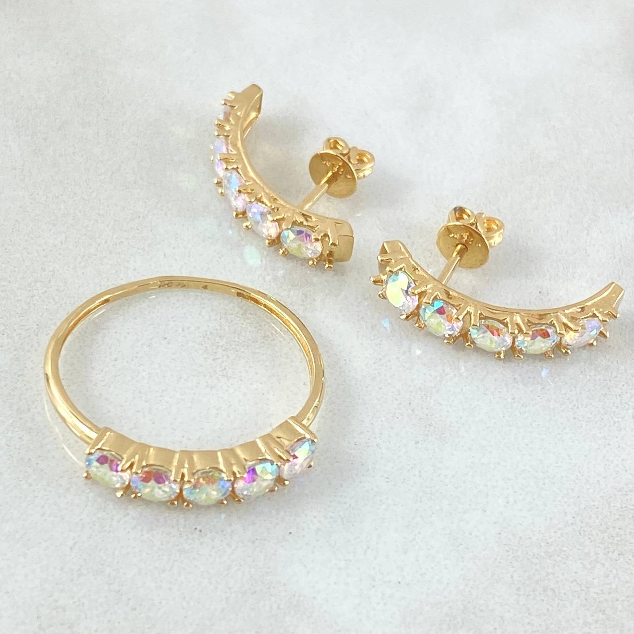 Dense Line Set - Stud Earrings 2cm - Ring T8 1/2 5.5gr Iridescent Zircons Nac.Esp. 18K Gold
