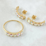 Dense Line Set - Stud Earrings 2cm - Ring T8 1/2 5.5gr Iridescent Zircons Nac.Esp. 18K Gold