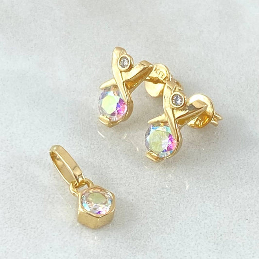 Stone Set - Stud Earrings 1cm - Pendant 1.1cm 3.2gr Iridescent Zircons Special Mother-of-Pearl 18K Gold