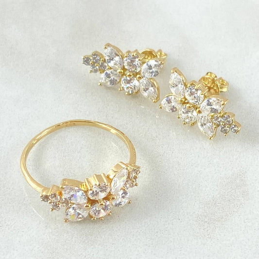 Leaf Set in Sequence - Stud Earrings 1.3cm (0.5in) - Ring Size 6 1/2 5.3gr White Zircons Special Birth 18K Gold