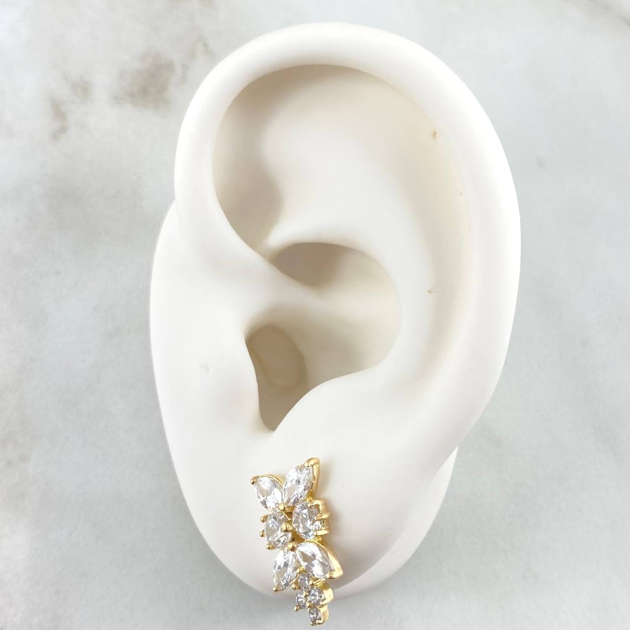 Leaf Set in Sequence - Stud Earrings 1.3cm (0.5in) - Ring Size 6 1/2 5.3gr White Zircons Special Birth 18K Gold
