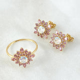 Starry Flower Set - Stud Earrings 1.2cm - Ring Size 6 1/4 4.7gr Lilac White Zirconia Special Mother of Pearl 18K Gold