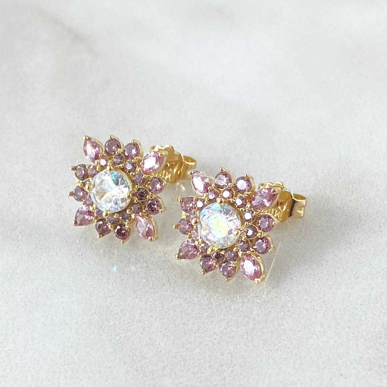 Starry Flower Set - Stud Earrings 1.2cm - Ring Size 6 1/4 4.7gr Lilac White Zirconia Special Mother of Pearl 18K Gold